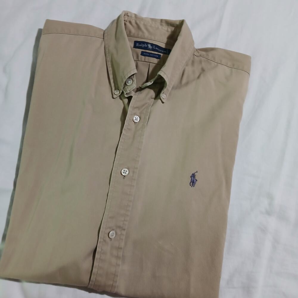 Ralph Lauren Men's Large Khaki short-sleeved button-up button-down cotton PONY
